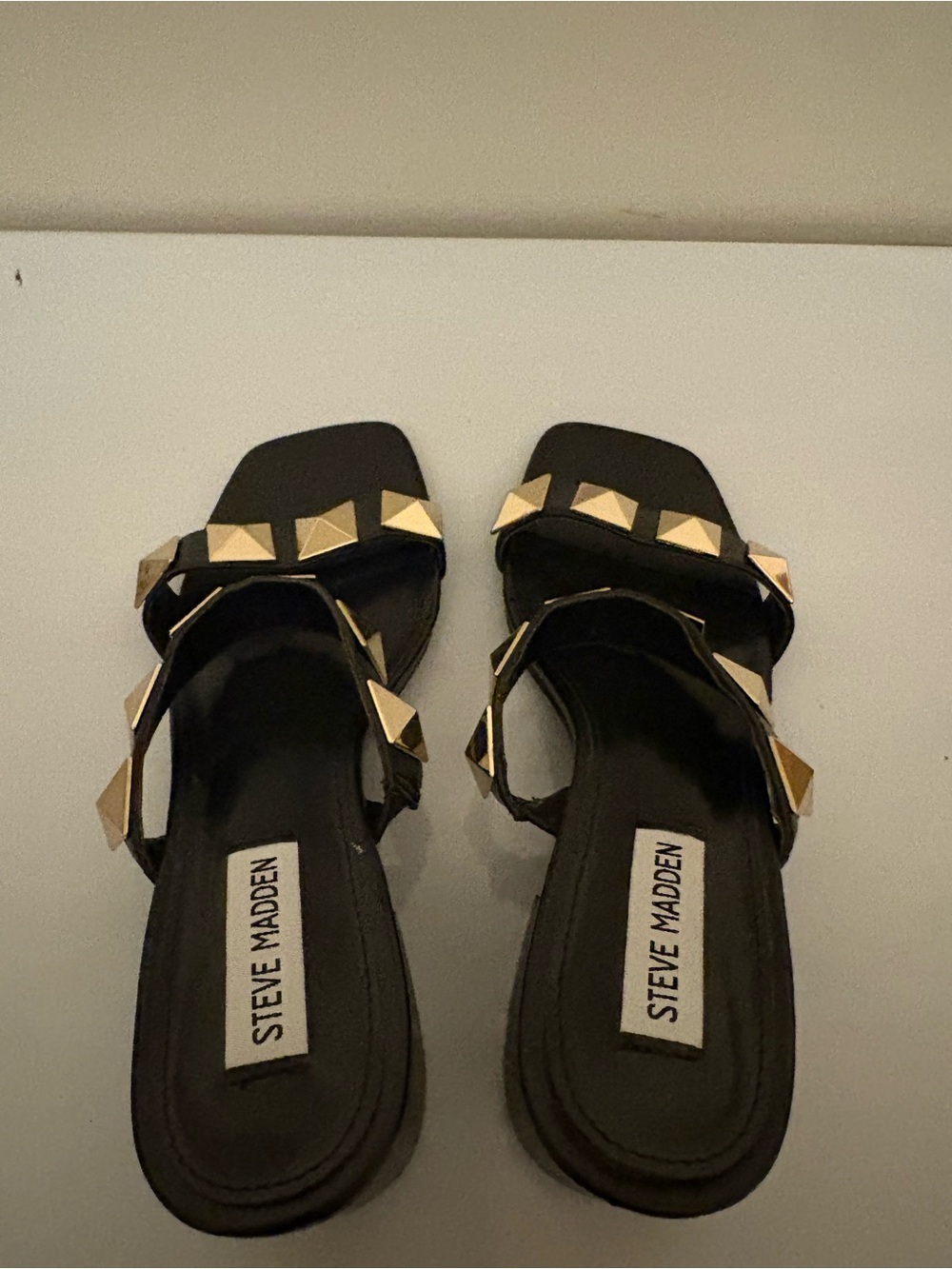 Steve Madden Black Slide Sandals with Gold Pyramid Studs Size 8